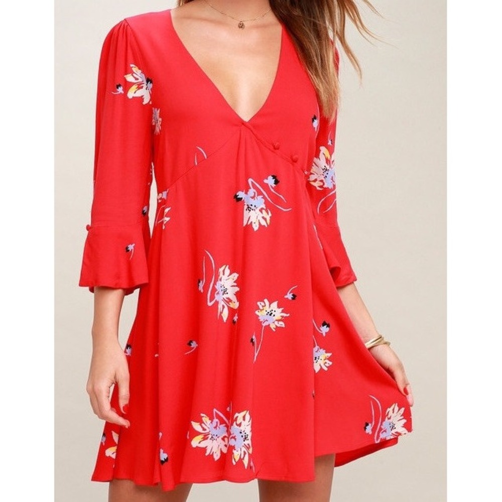 Free People Red Time on My Side Floral Bell Sleeve Wrap Mini Dress Size M